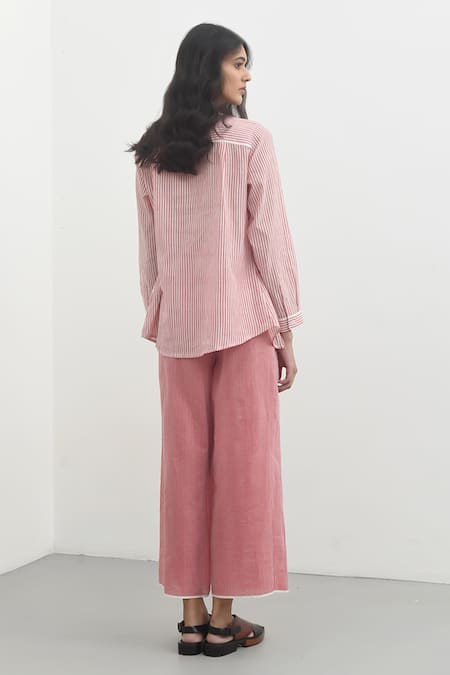 Shop Payal Pratap Pink Handloom Cotton Printed Striped Collar Makrinitsa Shirt at Aza Fashions Shop_Payal Pratap_Pink Handloom Cotton Printed Striped Collar Makrinitsa Shirt _at_Aza_Fashions