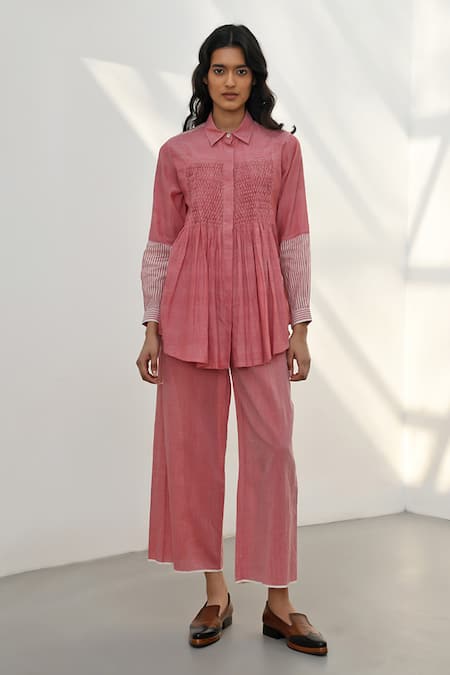 Payal Pratap Pink Chambray Cotton Printed Striped Collar Olympos Sleeve Shirt 