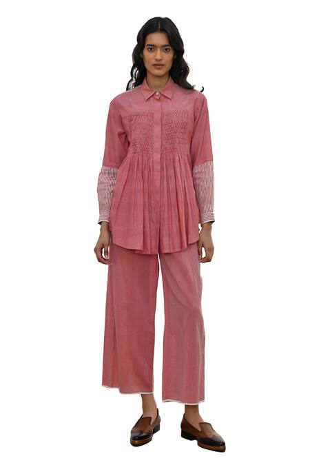 Payal Pratap Pink Chambray Cotton Printed Striped Collar Olympos Sleeve Shirt Online at Aza Fashions Payal Pratap_Pink Chambray Cotton Printed Striped Collar Olympos Sleeve Shirt _Online_at_Aza_Fashions