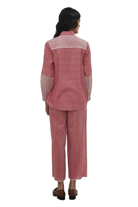 Buy Payal Pratap Pink Chambray Cotton Printed Striped Collar Olympos Sleeve Shirt Online at Aza Fashions Buy_Payal Pratap_Pink Chambray Cotton Printed Striped Collar Olympos Sleeve Shirt _Online_at_Aza_Fashions
