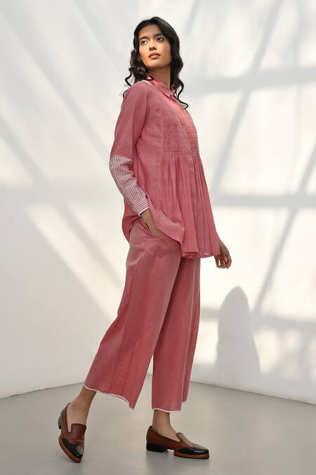 Shop Payal Pratap Pink Chambray Cotton Printed Striped Collar Olympos Sleeve Shirt Online at Aza Fashions Shop_Payal Pratap_Pink Chambray Cotton Printed Striped Collar Olympos Sleeve Shirt _Online_at_Aza_Fashions