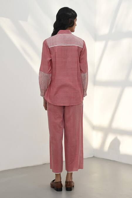 Shop Payal Pratap Pink Chambray Cotton Printed Striped Collar Olympos Sleeve Shirt at Aza Fashions Shop_Payal Pratap_Pink Chambray Cotton Printed Striped Collar Olympos Sleeve Shirt _at_Aza_Fashions