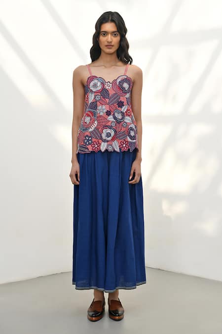 Payal Pratap Pink Chambray Linen Applique Embroidered Floral Sweetheart Top 