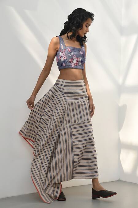 Buy Payal Pratap Blue Chambray Linen Applique Embroidered Floral Square Neck Tragana Crop Top Online at Aza Fashions Buy_Payal Pratap_Blue Chambray Linen Applique Embroidered Floral Square Neck Tragana Crop Top _Online_at_Aza_Fashions