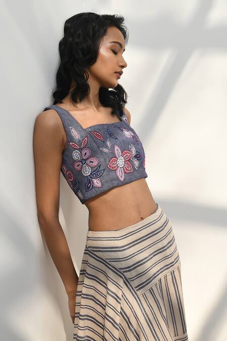 Payal Pratap Blue Chambray Linen Applique Embroidered Floral Square Neck Tragana Crop Top at Aza Fashions Payal Pratap_Blue Chambray Linen Applique Embroidered Floral Square Neck Tragana Crop Top _at_Aza_Fashions