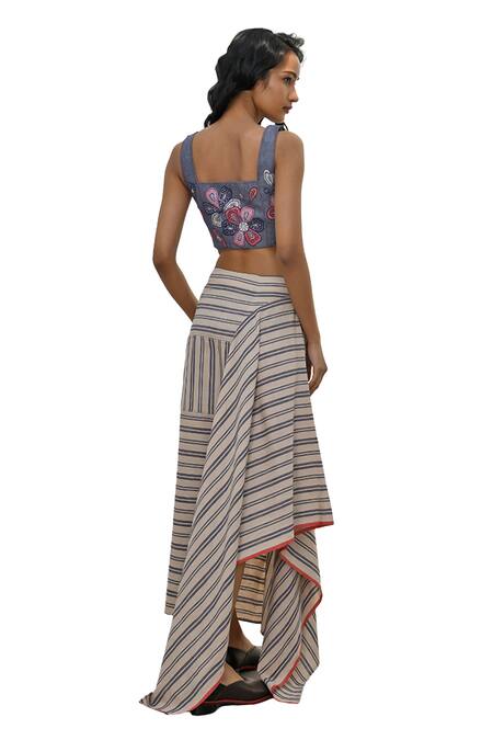 Buy Payal Pratap Blue Chambray Linen Applique Embroidered Floral Square Neck Tragana Crop Top Buy_Payal Pratap_Blue Chambray Linen Applique Embroidered Floral Square Neck Tragana Crop Top