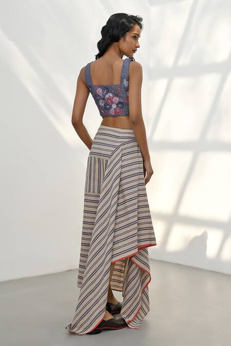 Shop Payal Pratap Blue Chambray Linen Applique Embroidered Floral Square Neck Tragana Crop Top at Aza Fashions Shop_Payal Pratap_Blue Chambray Linen Applique Embroidered Floral Square Neck Tragana Crop Top _at_Aza_Fashions