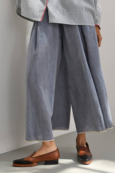 Shop Payal Pratap Grey Chambray Cotton Solid Taranto Wide-legged Pant Online at Aza Fashions Shop_Payal Pratap_Grey Chambray Cotton Solid Taranto Wide-legged Pant _Online_at_Aza_Fashions