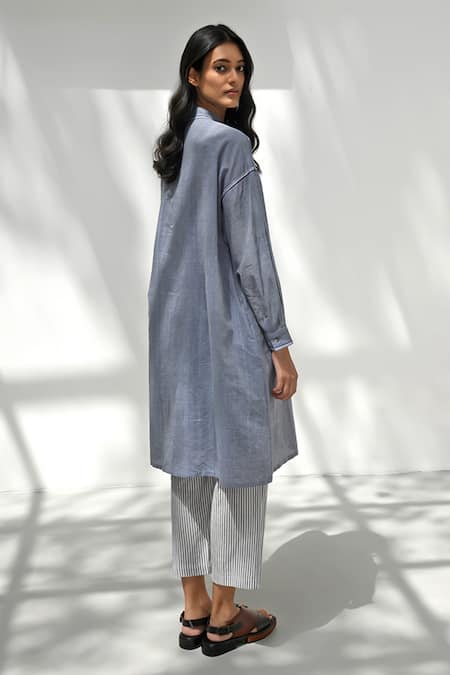 Payal Pratap Blue Chambray Cotton Printed Striped Epirus Pattern Pant Online at Aza Fashions Payal Pratap_Blue Chambray Cotton Printed Striped Epirus Pattern Pant _Online_at_Aza_Fashions