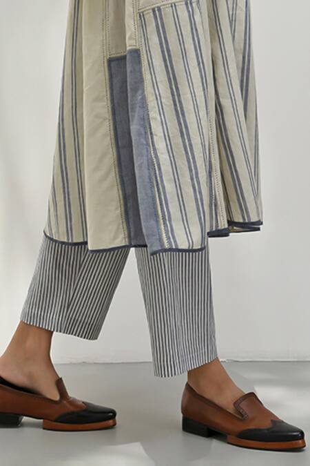 Shop Payal Pratap Blue Chambray Cotton Printed Striped Epirus Pattern Pant Online at Aza Fashions Shop_Payal Pratap_Blue Chambray Cotton Printed Striped Epirus Pattern Pant _Online_at_Aza_Fashions