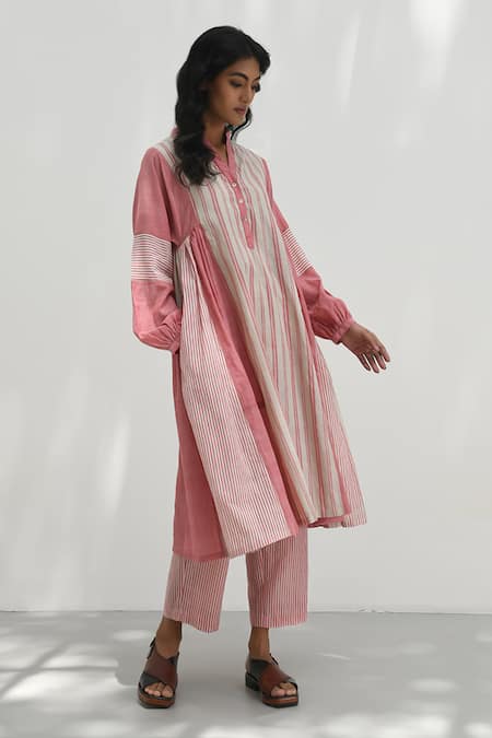 Payal Pratap Pink Chambray Cotton Printed Striped Epirus Straight Pant 