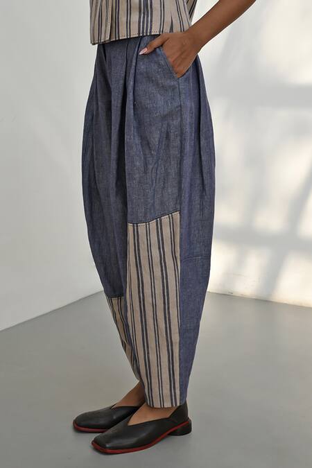Payal Pratap_Blue Chambray Linen Printed Striped Petra Carrot Patchwork Baggy Pant _Online_at_Aza_Fashions