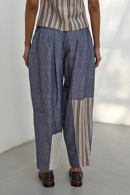 Buy_Payal Pratap_Blue Chambray Linen Printed Striped Petra Carrot Patchwork Baggy Pant _Online_at_Aza_Fashions