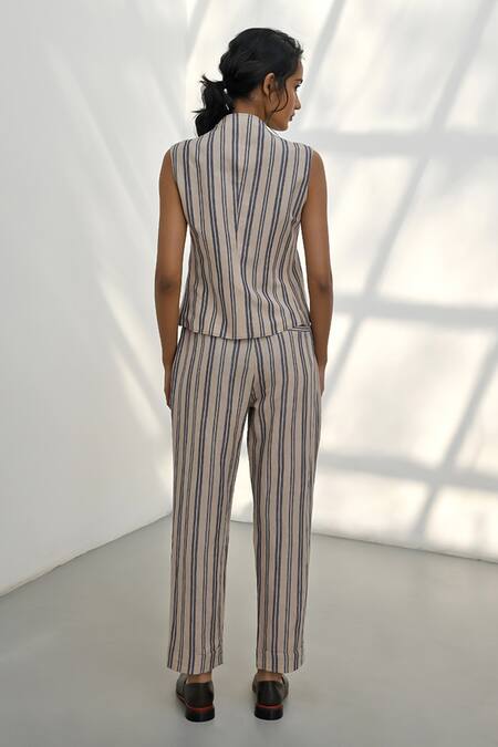 Shop Payal Pratap Beige Handloom Linen Printed Striped Chorio Trouser at Aza Fashions Shop_Payal Pratap_Beige Handloom Linen Printed Striped Chorio Trouser _at_Aza_Fashions