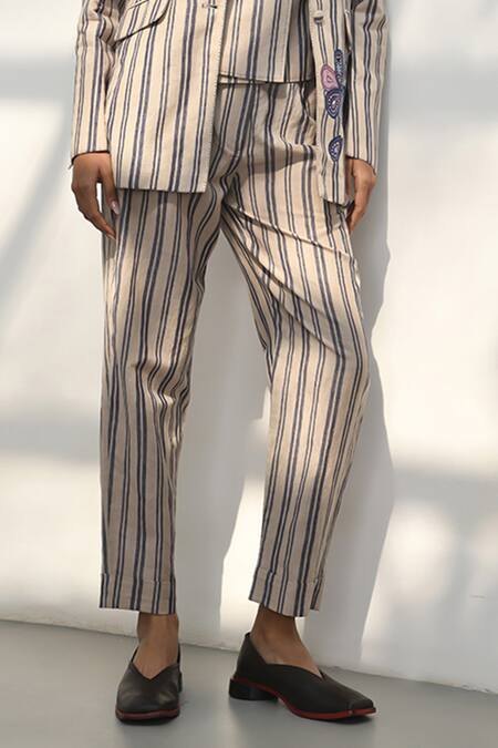 Buy Payal Pratap Beige Handloom Linen Printed Striped Chorio Trouser Buy_Payal Pratap_Beige Handloom Linen Printed Striped Chorio Trouser
