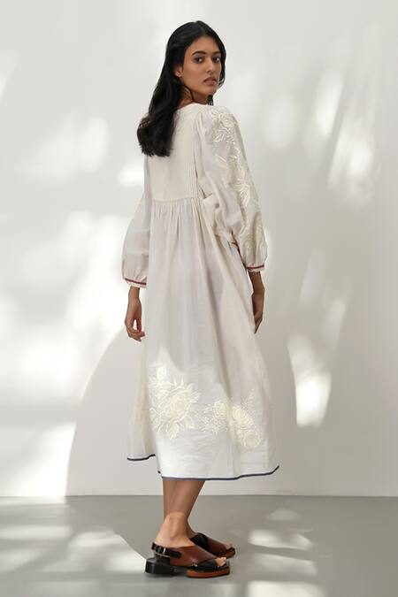 Shop Payal Pratap Ivory Handloom Cotton Embroidered Floral Round Pistoia Dress at Aza Fashions Shop_Payal Pratap_Ivory Handloom Cotton Embroidered Floral Round Pistoia Dress _at_Aza_Fashions