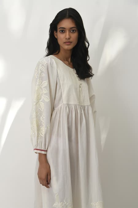 Shop Payal Pratap Ivory Handloom Cotton Embroidered Floral Round Pistoia Dress Online at Aza Fashions Shop_Payal Pratap_Ivory Handloom Cotton Embroidered Floral Round Pistoia Dress _Online_at_Aza_Fashions