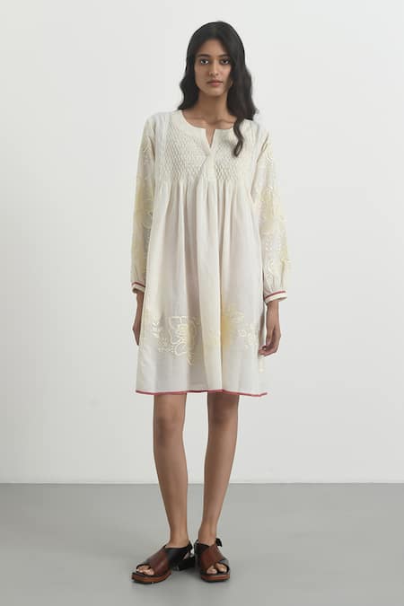 Payal Pratap Ivory Handloom Cotton Embroidered Floral Notched Mestre Dress 