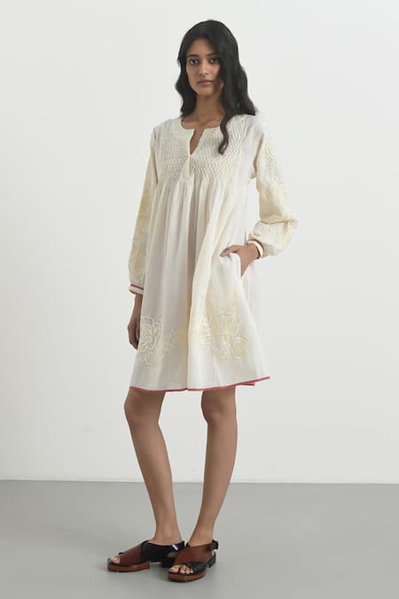 Shop Payal Pratap Ivory Handloom Cotton Embroidered Floral Notched Mestre Dress at Aza Fashions Shop_Payal Pratap_Ivory Handloom Cotton Embroidered Floral Notched Mestre Dress _at_Aza_Fashions