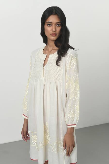 Buy Payal Pratap Ivory Handloom Cotton Embroidered Floral Notched Mestre Dress Online at Aza Fashions Buy_Payal Pratap_Ivory Handloom Cotton Embroidered Floral Notched Mestre Dress _Online_at_Aza_Fashions