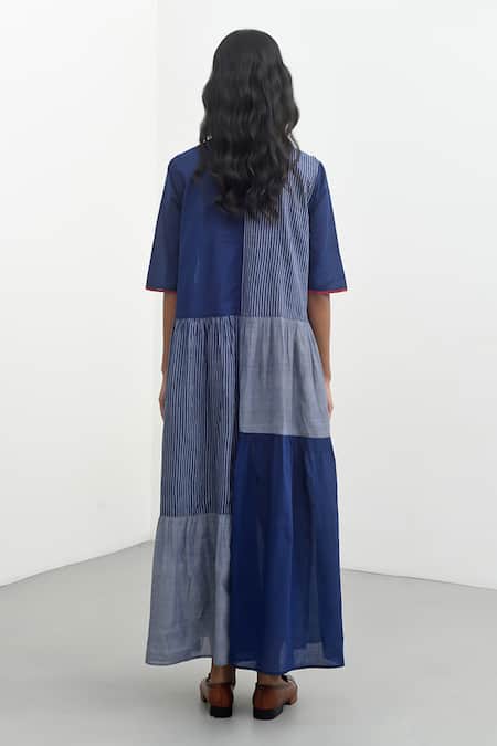Shop Payal Pratap Blue Handloom Cotton Printed Striped Collar Aglia Tiered Dress at Aza Fashions Shop_Payal Pratap_Blue Handloom Cotton Printed Striped Collar Aglia Tiered Dress _at_Aza_Fashions