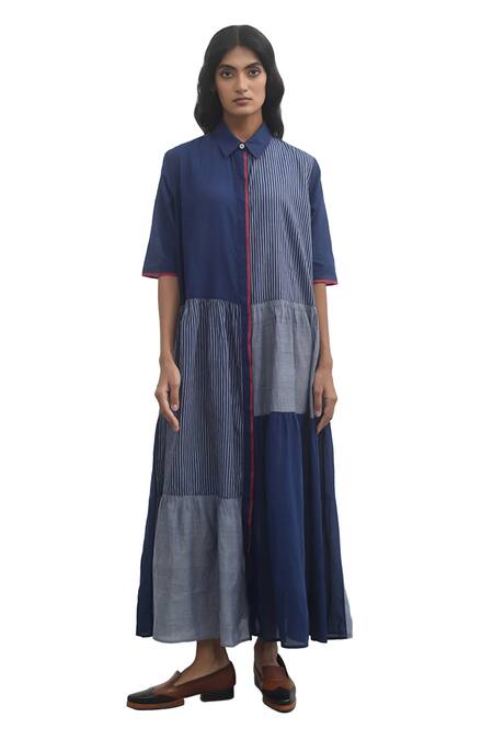 Payal Pratap Blue Handloom Cotton Printed Striped Collar Aglia Tiered Dress Online at Aza Fashions Payal Pratap_Blue Handloom Cotton Printed Striped Collar Aglia Tiered Dress _Online_at_Aza_Fashions