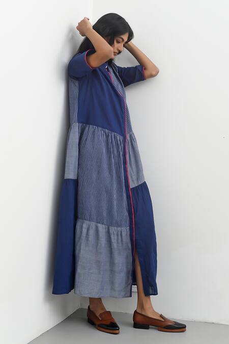 Buy Payal Pratap Blue Handloom Cotton Printed Striped Collar Aglia Tiered Dress Online at Aza Fashions Buy_Payal Pratap_Blue Handloom Cotton Printed Striped Collar Aglia Tiered Dress _Online_at_Aza_Fashions