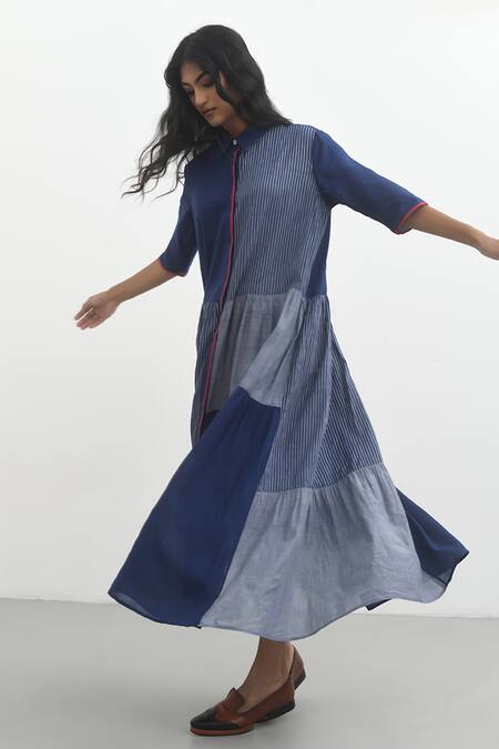 Shop Payal Pratap Blue Handloom Cotton Printed Striped Collar Aglia Tiered Dress Online at Aza Fashions Shop_Payal Pratap_Blue Handloom Cotton Printed Striped Collar Aglia Tiered Dress _Online_at_Aza_Fashions