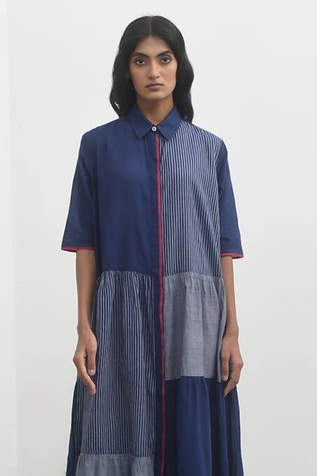 Payal Pratap Blue Handloom Cotton Printed Striped Collar Aglia Tiered Dress at Aza Fashions Payal Pratap_Blue Handloom Cotton Printed Striped Collar Aglia Tiered Dress _at_Aza_Fashions