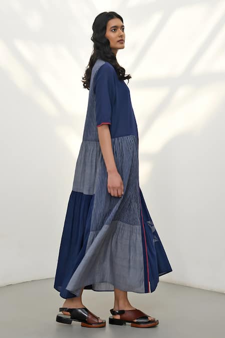 Shop Payal Pratap Blue Handloom Cotton Printed Striped Collar Aglia Tiered Maxi Dress at Aza Fashions Shop_Payal Pratap_Blue Handloom Cotton Printed Striped Collar Aglia Tiered Maxi Dress _at_Aza_Fashions