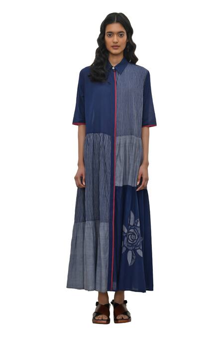 Payal Pratap Blue Handloom Cotton Printed Striped Collar Aglia Tiered Maxi Dress Online at Aza Fashions Payal Pratap_Blue Handloom Cotton Printed Striped Collar Aglia Tiered Maxi Dress _Online_at_Aza_Fashions