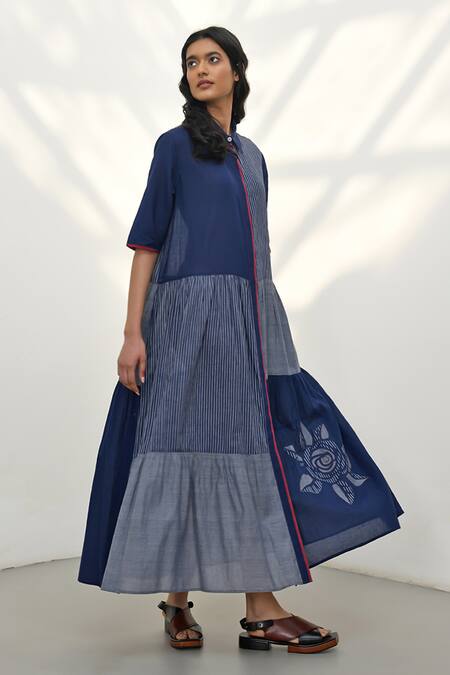 Buy Payal Pratap Blue Handloom Cotton Printed Striped Collar Aglia Tiered Maxi Dress Online at Aza Fashions Buy_Payal Pratap_Blue Handloom Cotton Printed Striped Collar Aglia Tiered Maxi Dress _Online_at_Aza_Fashions