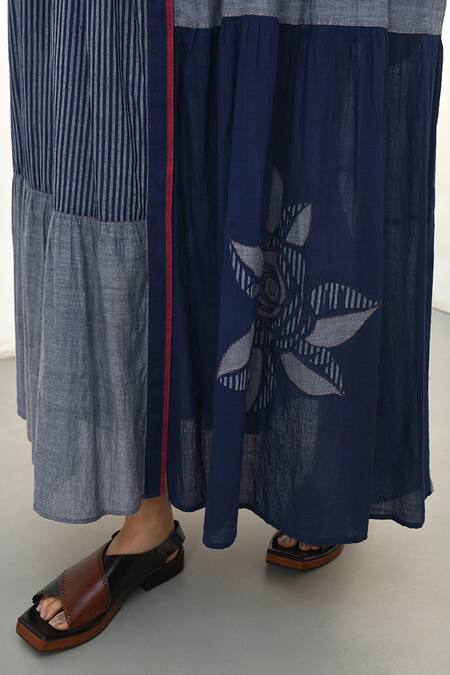 Shop Payal Pratap Blue Handloom Cotton Printed Striped Collar Aglia Tiered Maxi Dress Online at Aza Fashions Shop_Payal Pratap_Blue Handloom Cotton Printed Striped Collar Aglia Tiered Maxi Dress _Online_at_Aza_Fashions