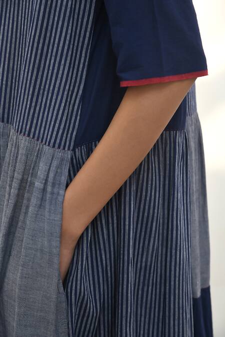 Payal Pratap Blue Handloom Cotton Printed Striped Collar Aglia Tiered Maxi Dress at Aza Fashions Payal Pratap_Blue Handloom Cotton Printed Striped Collar Aglia Tiered Maxi Dress _at_Aza_Fashions