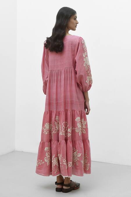 Shop Payal Pratap Pink Chambray Cotton Embroidered Floral Notched Agios Tiered Dress at Aza Fashions Shop_Payal Pratap_Pink Chambray Cotton Embroidered Floral Notched Agios Tiered Dress _at_Aza_Fashions