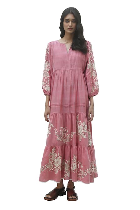 Buy Payal Pratap Pink Chambray Cotton Embroidered Floral Notched Agios Tiered Dress Online at Aza Fashions Buy_Payal Pratap_Pink Chambray Cotton Embroidered Floral Notched Agios Tiered Dress _Online_at_Aza_Fashions