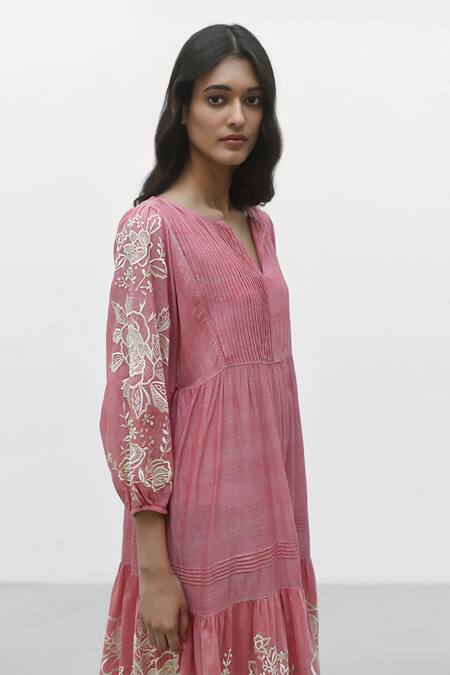 Shop Payal Pratap Pink Chambray Cotton Embroidered Floral Notched Agios Tiered Dress Online at Aza Fashions Shop_Payal Pratap_Pink Chambray Cotton Embroidered Floral Notched Agios Tiered Dress _Online_at_Aza_Fashions