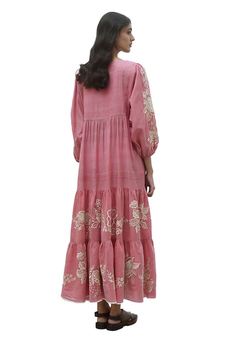 Payal Pratap Pink Chambray Cotton Embroidered Floral Notched Agios Tiered Dress at Aza Fashions Payal Pratap_Pink Chambray Cotton Embroidered Floral Notched Agios Tiered Dress _at_Aza_Fashions