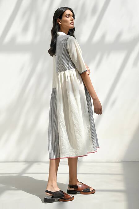 Shop Payal Pratap Ivory Handloom Cotton Printed Striped Collar Felli Patchwork Tiered Dress at Aza Fashions Shop_Payal Pratap_Ivory Handloom Cotton Printed Striped Collar Felli Patchwork Tiered Dress _at_Aza_Fashions
