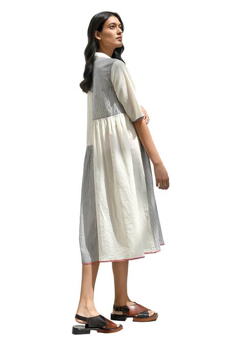 Buy Payal Pratap Ivory Handloom Cotton Printed Striped Collar Felli Patchwork Tiered Dress Online at Aza Fashions Buy_Payal Pratap_Ivory Handloom Cotton Printed Striped Collar Felli Patchwork Tiered Dress _Online_at_Aza_Fashions