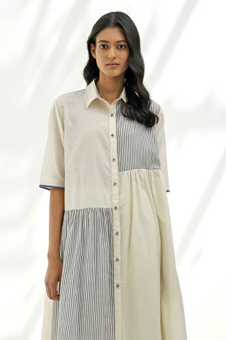 Shop Payal Pratap Ivory Handloom Cotton Printed Striped Collar Felli Patchwork Tiered Dress Online at Aza Fashions Shop_Payal Pratap_Ivory Handloom Cotton Printed Striped Collar Felli Patchwork Tiered Dress _Online_at_Aza_Fashions