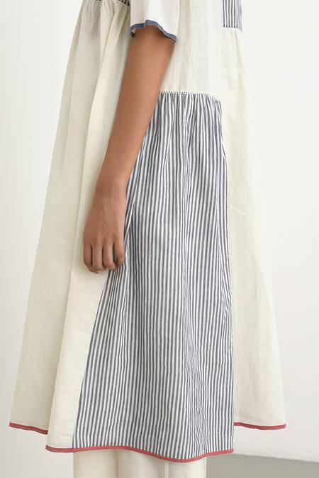 Payal Pratap Ivory Handloom Cotton Printed Striped Collar Felli Patchwork Tiered Dress at Aza Fashions Payal Pratap_Ivory Handloom Cotton Printed Striped Collar Felli Patchwork Tiered Dress _at_Aza_Fashions