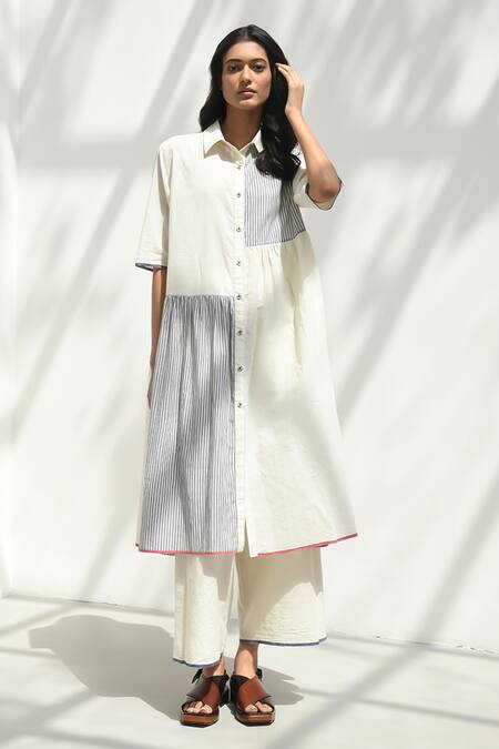 Buy Payal Pratap Ivory Handloom Cotton Printed Striped Collar Felli Patchwork Tiered Dress Buy_Payal Pratap_Ivory Handloom Cotton Printed Striped Collar Felli Patchwork Tiered Dress