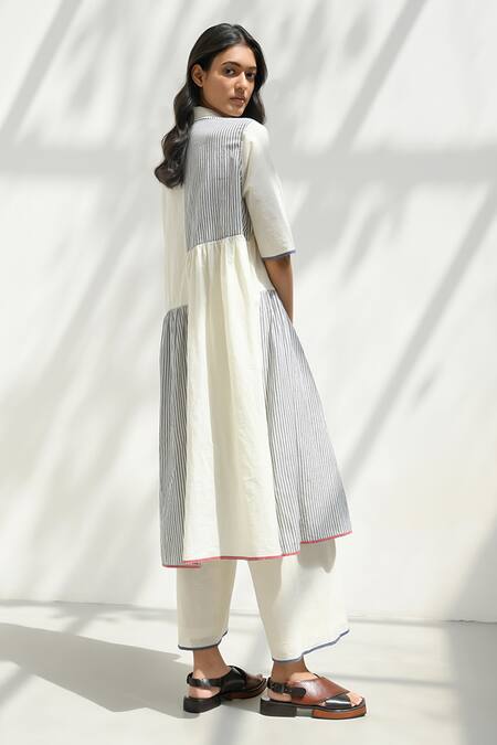 Shop Payal Pratap Ivory Handloom Cotton Printed Striped Collar Felli Patchwork Tiered Dress Shop_Payal Pratap_Ivory Handloom Cotton Printed Striped Collar Felli Patchwork Tiered Dress