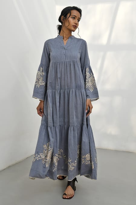 Payal Pratap Blue Chambrey Cotton Embroidered Floral Band Collar Papigo Tiered Dress 
