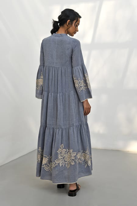 Shop Payal Pratap Blue Chambrey Cotton Embroidered Floral Band Collar Papigo Tiered Dress at Aza Fashions Shop_Payal Pratap_Blue Chambrey Cotton Embroidered Floral Band Collar Papigo Tiered Dress _at_Aza_Fashions
