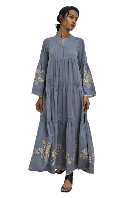 Payal Pratap Blue Chambrey Cotton Embroidered Floral Band Collar Papigo Tiered Dress Online at Aza Fashions Payal Pratap_Blue Chambrey Cotton Embroidered Floral Band Collar Papigo Tiered Dress _Online_at_Aza_Fashions