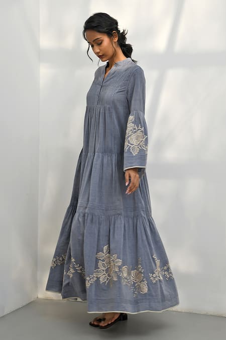 Buy Payal Pratap Blue Chambrey Cotton Embroidered Floral Band Collar Papigo Tiered Dress Online at Aza Fashions Buy_Payal Pratap_Blue Chambrey Cotton Embroidered Floral Band Collar Papigo Tiered Dress _Online_at_Aza_Fashions