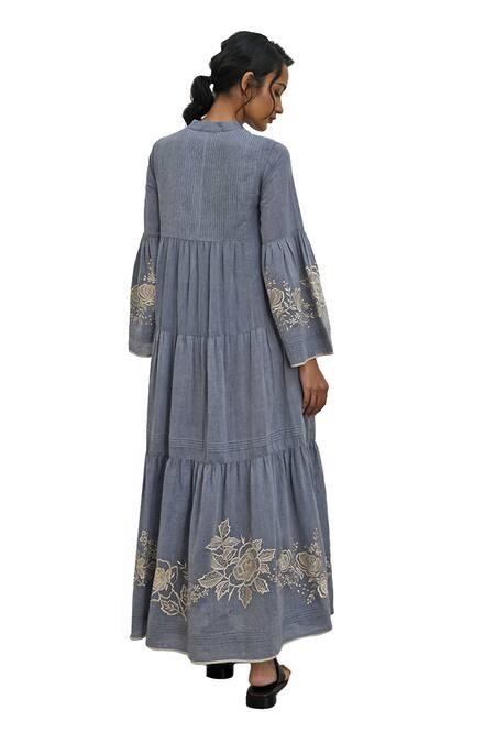 Shop Payal Pratap Blue Chambrey Cotton Embroidered Floral Band Collar Papigo Tiered Dress Online at Aza Fashions Shop_Payal Pratap_Blue Chambrey Cotton Embroidered Floral Band Collar Papigo Tiered Dress _Online_at_Aza_Fashions