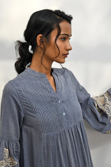 Payal Pratap Blue Chambrey Cotton Embroidered Floral Band Collar Papigo Tiered Dress at Aza Fashions Payal Pratap_Blue Chambrey Cotton Embroidered Floral Band Collar Papigo Tiered Dress _at_Aza_Fashions